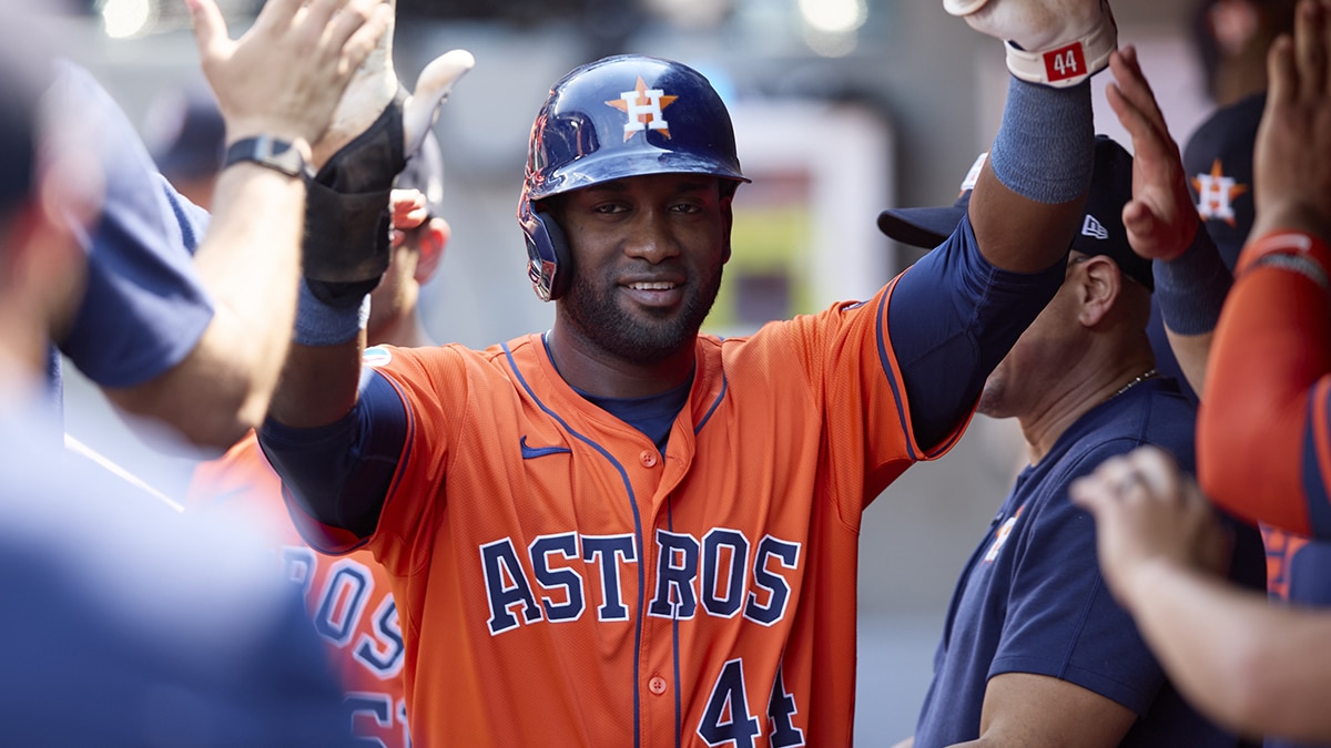 Houston Astros designated hitter Yordan Alvarez (44) celebrates his double against the Seattle Mariners during the eighth inning to complete the cycle, at T-Mobile Park. 