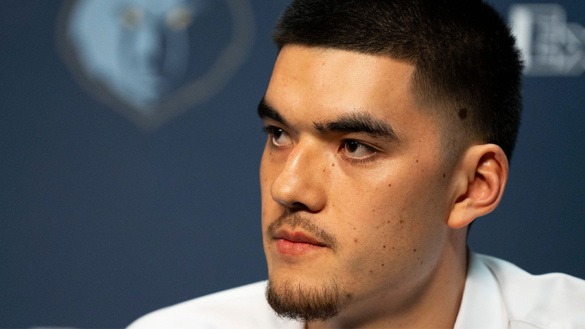 Zach Edey, a first-round draft pick for the Grizzlies, listens to a question from the media during a press conference to introduce the team’s 2024 NBA Draft picks at FedExForum on Friday,