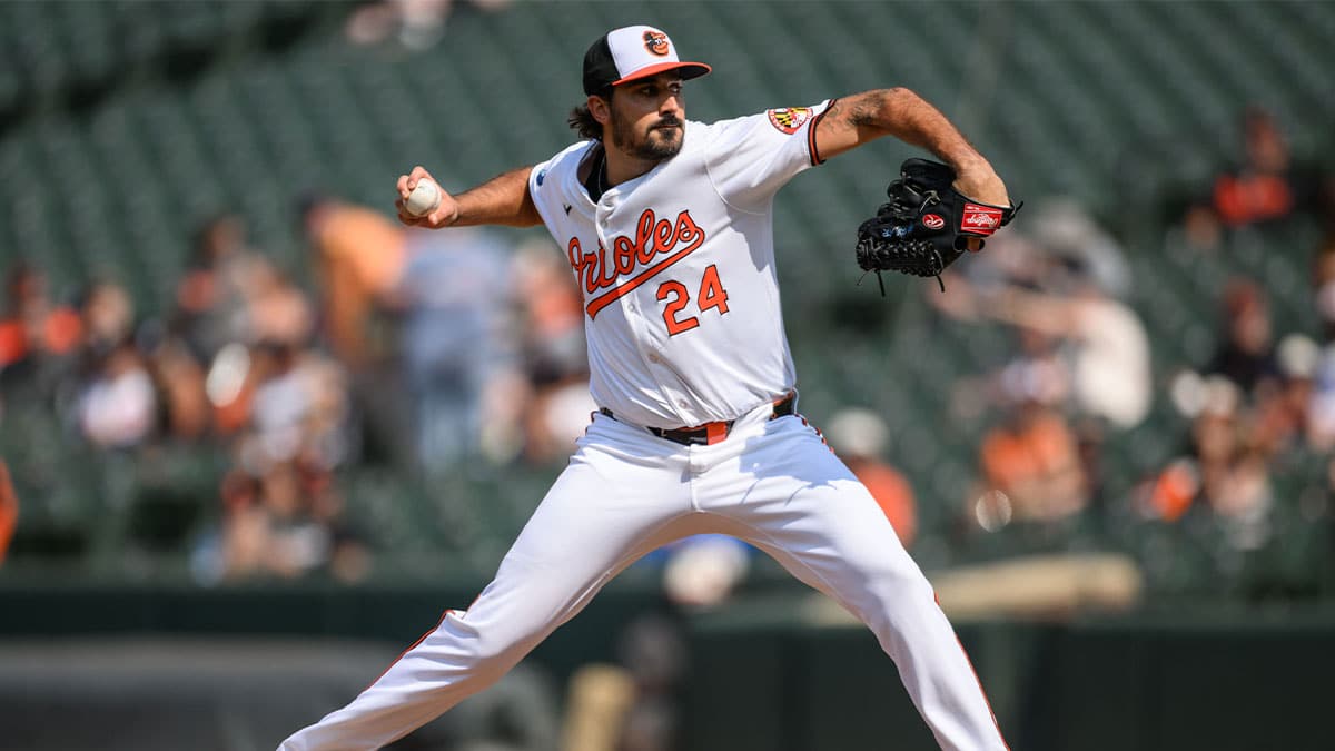 Baltimore Orioles pitcher Zach Eflin (24) throws against the Toronto Blue Jays during the first inning at Oriole Park at Camden Yards. 