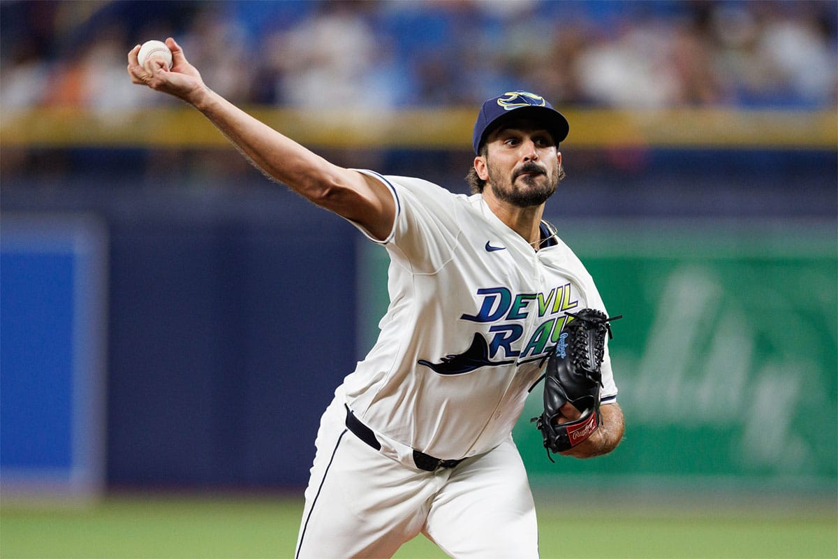 Jun 28, 2024; St. Petersburg, Florida, USA; Tampa Bay Rays pitcher Zach Eflin (24) throws a pitch against the Washington Nationals in the third inning at Tropicana Field. 