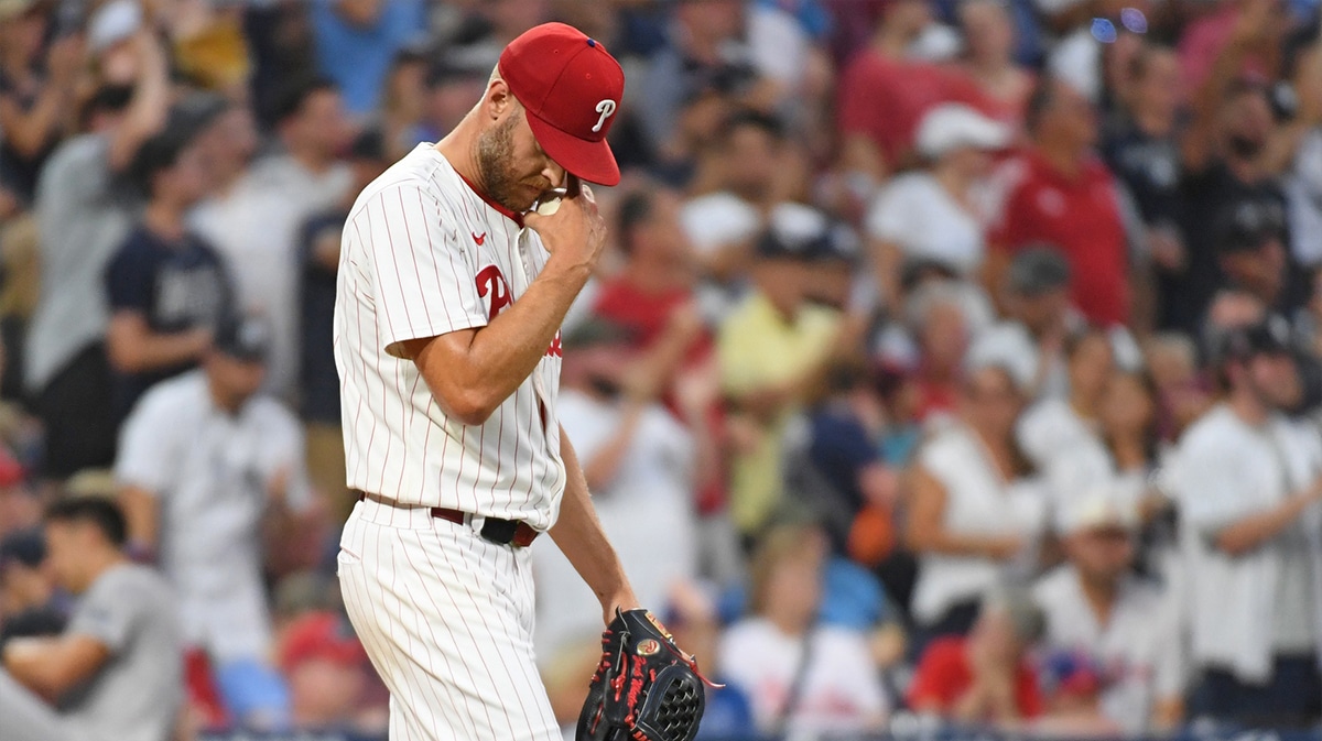 Philadelphia Phillies pitcher Zack Wheeler (45) reacts after allowing a run against the New York Yankees during the fifth inning at Citizens Bank Park