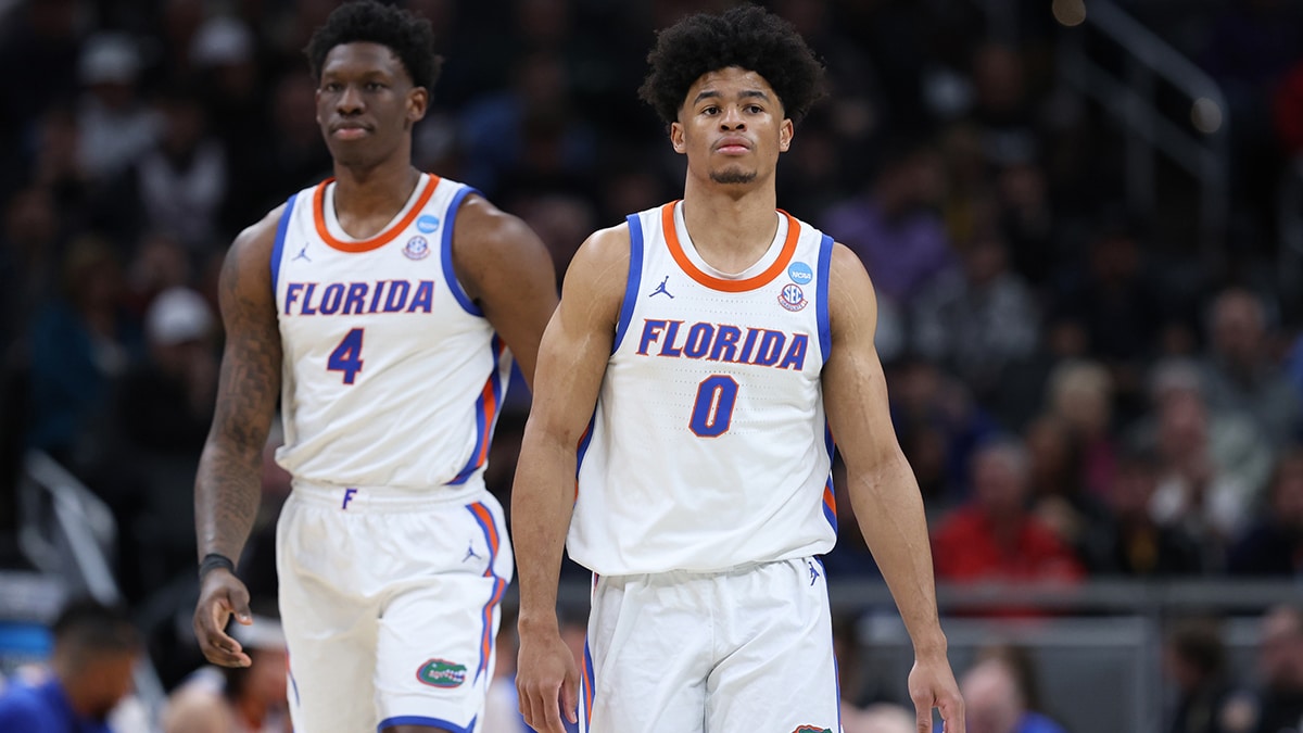 Florida Gators guard Zyon Pullin (0) reacts in the second half against the Colorado Buffaloes in the first round of the 2024 NCAA Tournament at Gainbridge FieldHouse.