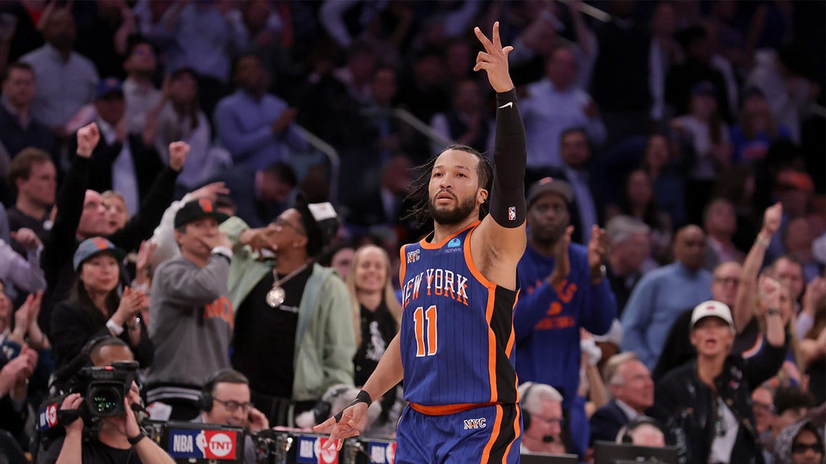 New York Knicks guard Jalen Brunson (11) celebrates his three point shot against the Philadelphia 76ers during overtime in game 5 of the first round of the 2024 NBA playoffs at Madison Square Garden.