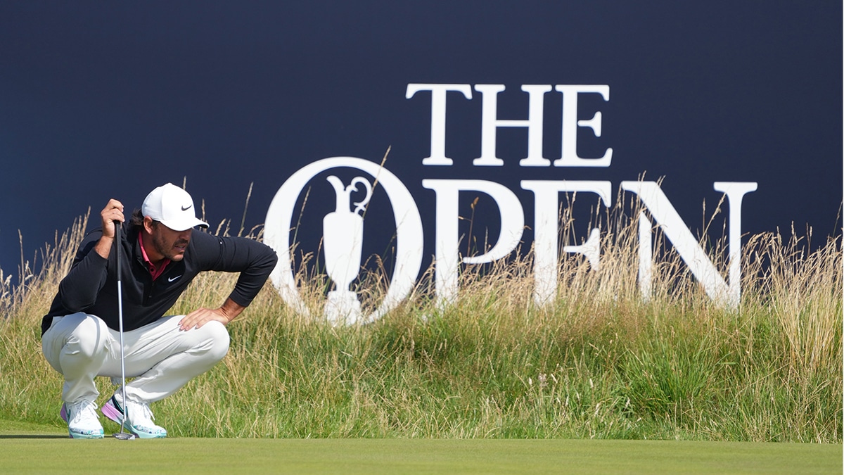 Brooks Koepka (LIV player) lines up a putt on the third green during the first round of The Open Championship golf tournament at Royal Liverpool