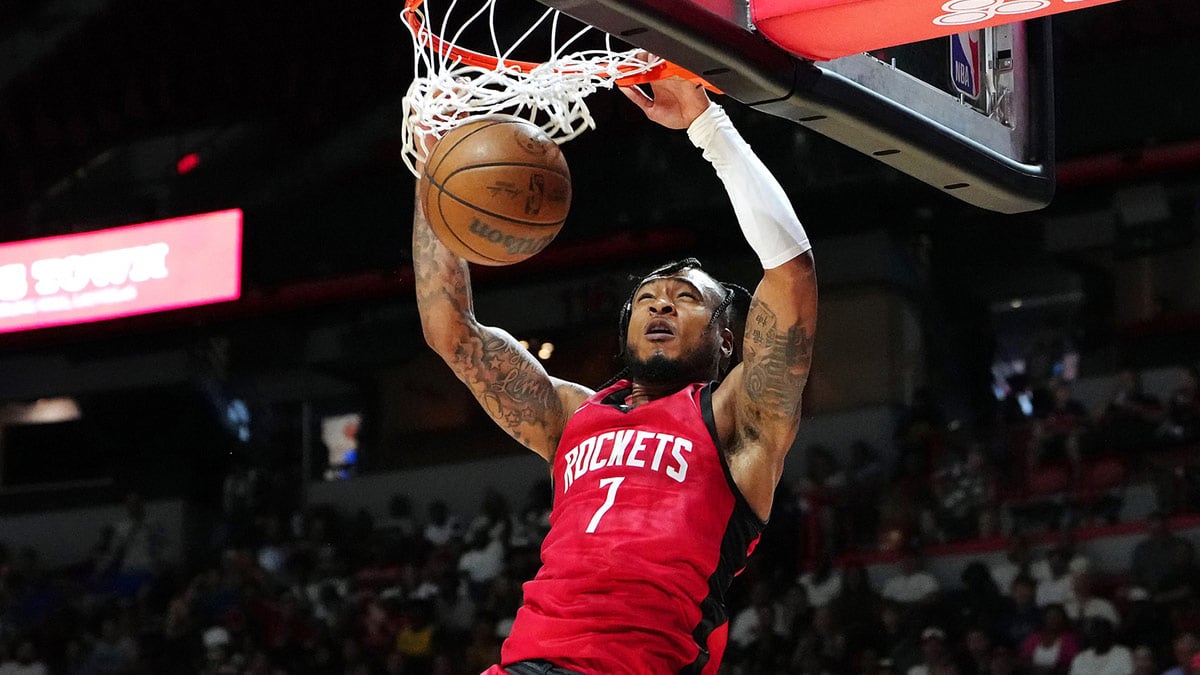 Houston Rockets forward Cam Whitmore (7) dunks against the Washington Wizards during the fourth quarter at Thomas & Mack Center. 