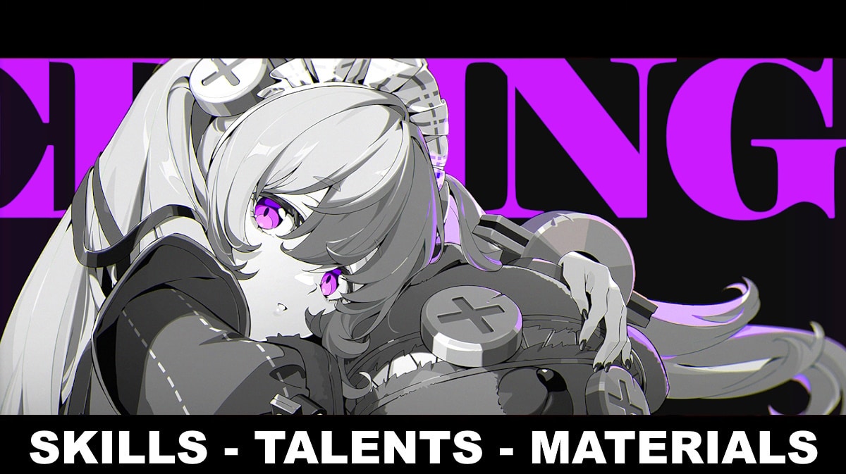 corin kit zzz, corin skills, corin talents, corin zzz, corin ascension materials, art of corin with the words skills talents materials at the bottom part