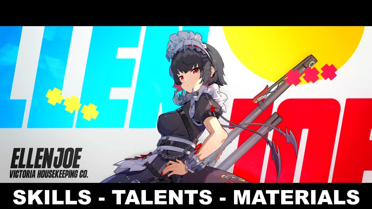 ellen kit zzz, ellen skills, ellen talents, ellen zzz, ellen ascension materials, art of ellen with the words skills talents materials at the bottom part