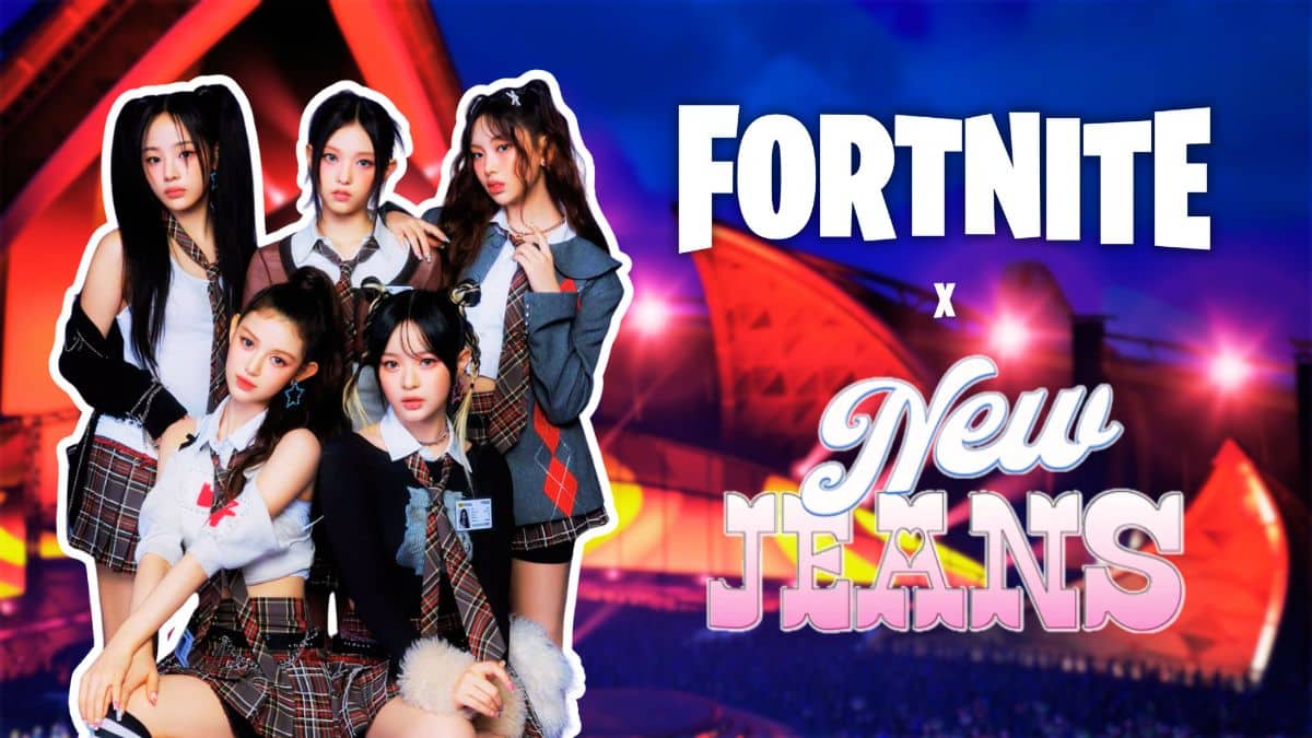 image of fortnite festival in the background, image of newjeans, forntite logo and newjeans logo