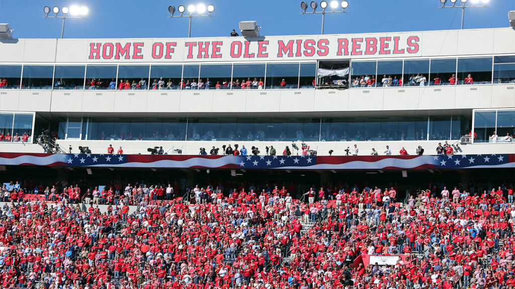 Mississippi Rebels fans during the national anthem prior to the game against the Texas A&M Aggies at Vaught-Hemingway Stadium. 