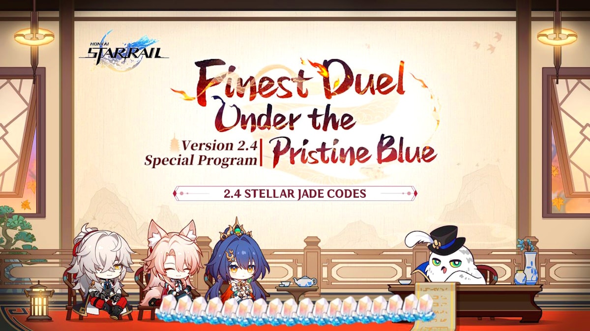 honkai star rail 2.4 codes, honkai 2.4 codes, honkai star rail 2.4 redemption codes, honkai star rail codes, honkai codes, key art for the honkai star rail 2.4 livestream with the words 2.4 stellar jade codes codes in the middle and stellar jades below