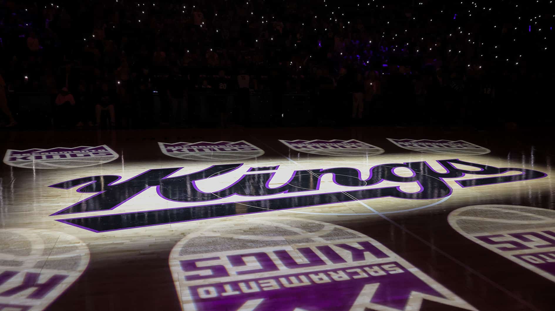A general of the Sacramento Kings logo on the court before the game against the Golden State Warriors at Golden 1 Center. 