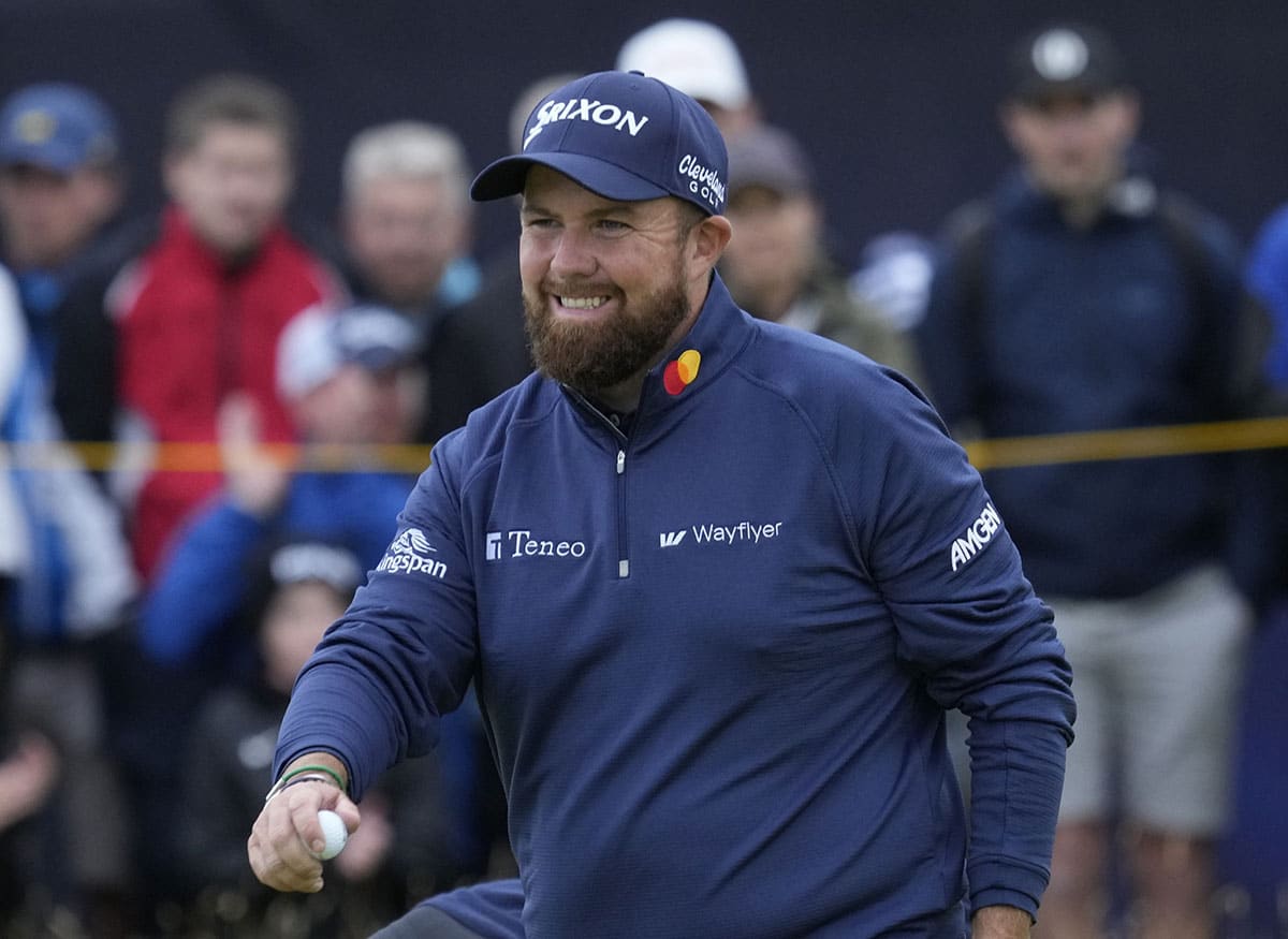 Shane Lowry reacts on the 14th green during the first round of the Open Championship golf tournament at Royal Troon