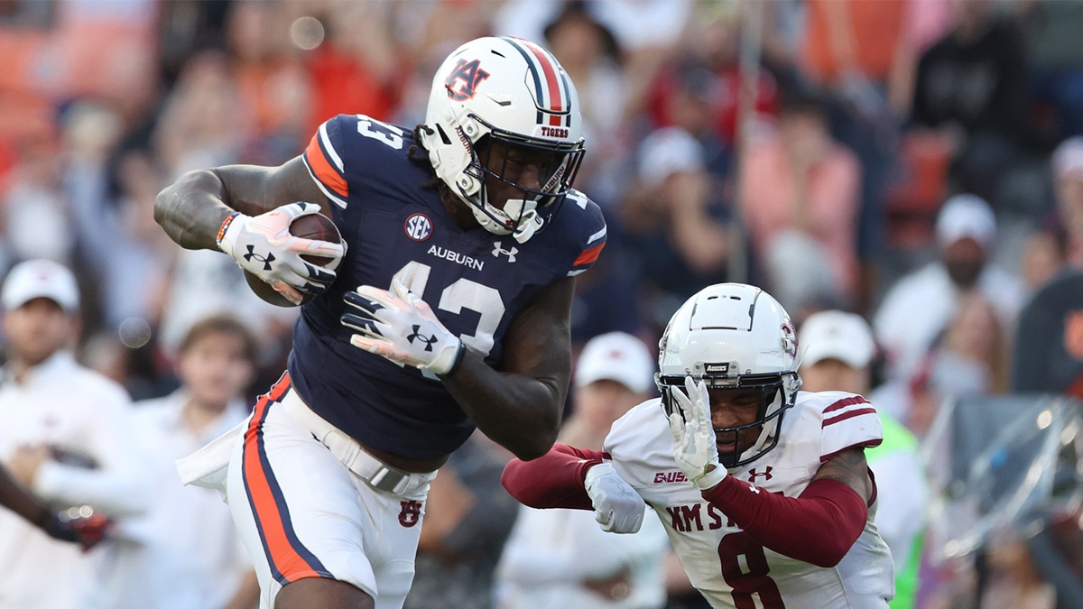 Nov 18, 2023; Auburn, Alabama, USA; Auburn Tigers tight end Rivaldo Fairweather (13) makes a catch against New Mexico State Aggies cornerback Andre Seldon (8) during the second quarter at Jordan-Hare Stadium. Fairweather would score a touchdown on the play. Mandatory Credit: John Reed-USA TODAY Sports