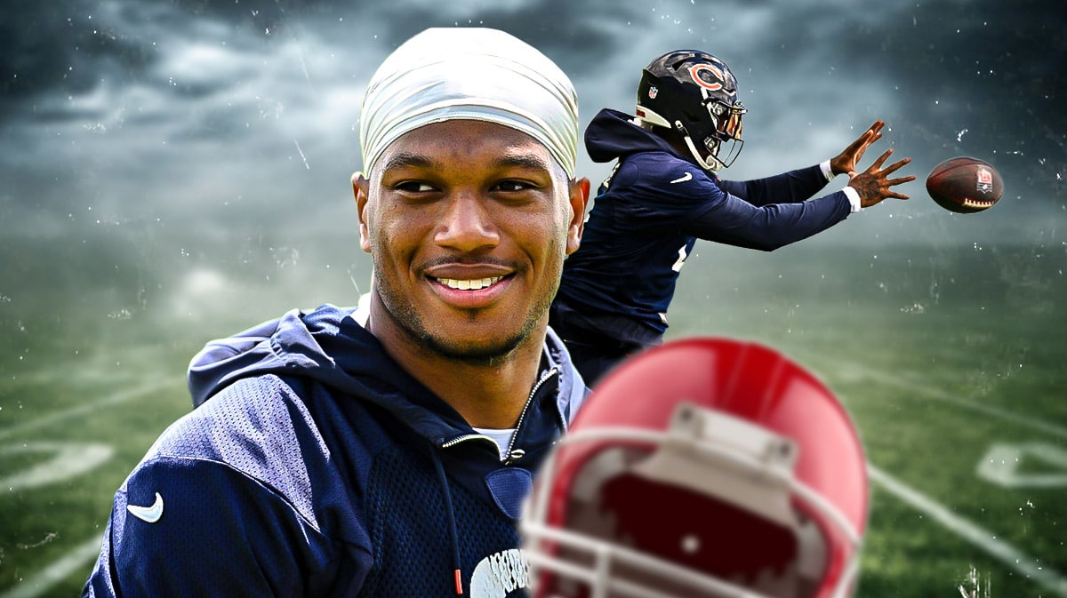 Bears DJ Moore smiling in front. Bears DJ Moore catching a football in background.