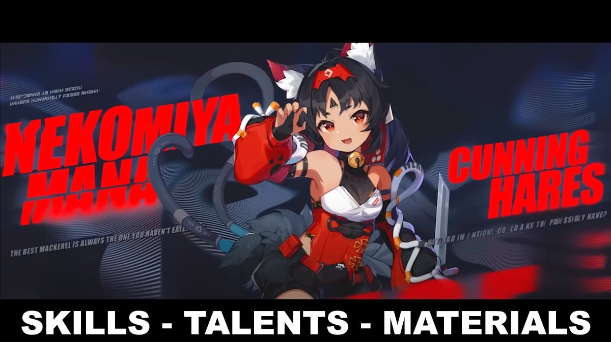 nekomata kit zzz, nekomata skills, nekomata talents, nekomata zzz, nekomata ascension materials, art of nekomata with the words skills talents materials at the bottom part