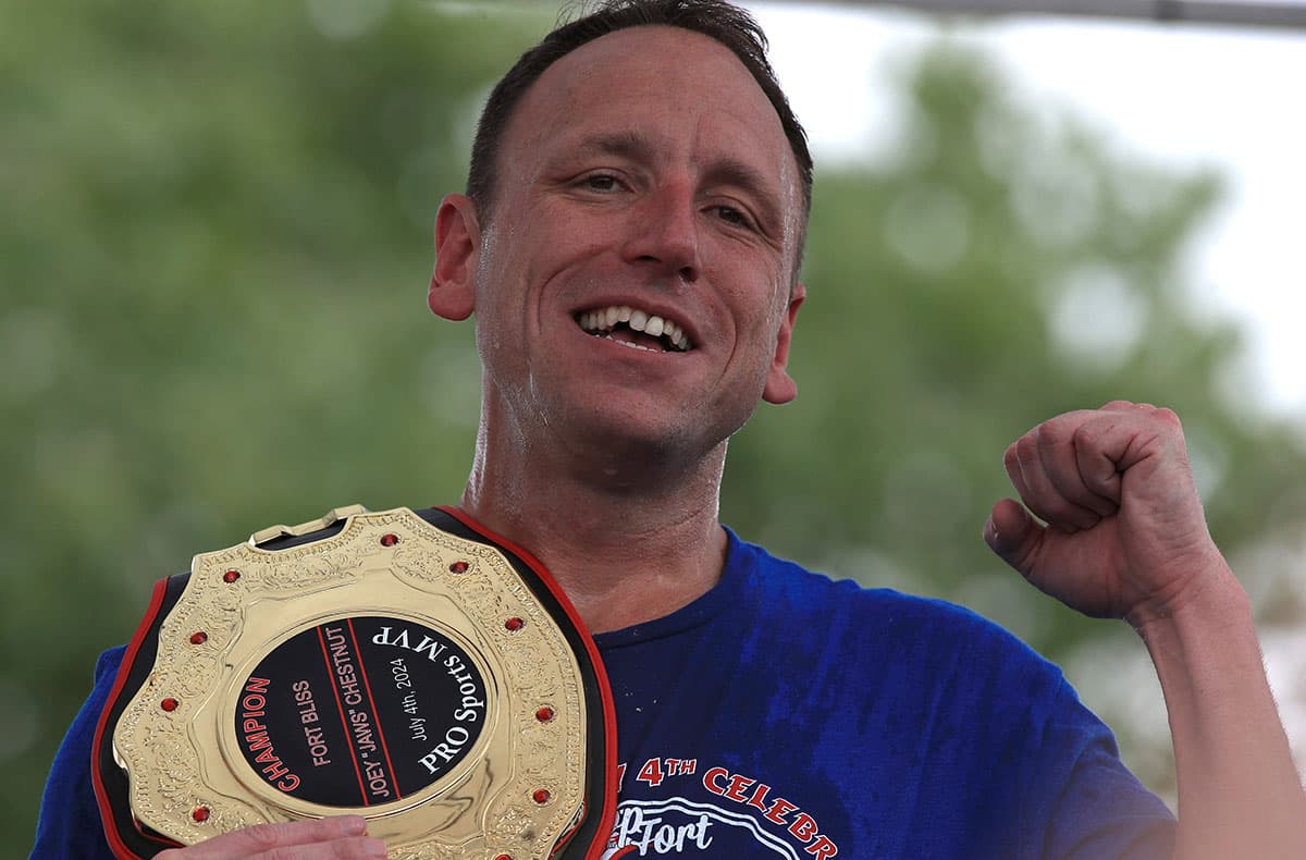 Competitive eater Joey “Jaws” Chestnut ate 57 hot dogs in five minutes at Fort Bliss’ “Pop Goes the Fort” Fourth of July celebration, beating his four competitors together at 49 hot dogs July 4, 2024.