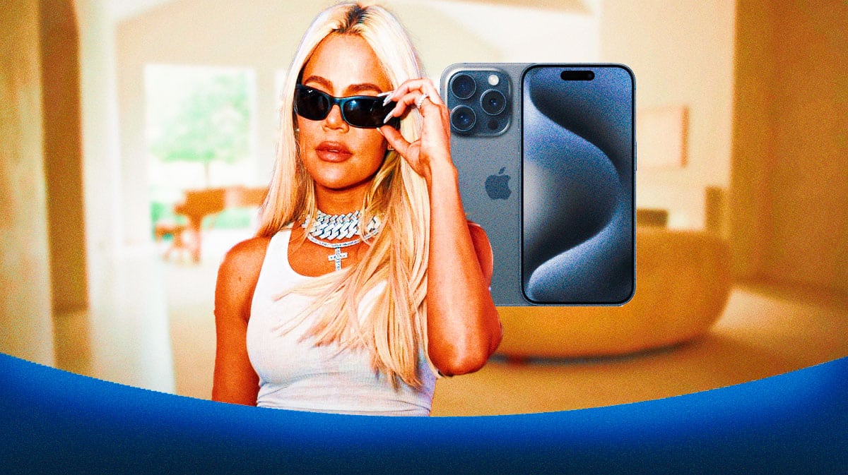 Khloe Kardashian with two phones near mer
