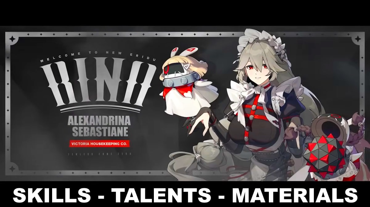rina kit zzz, rina skills, rina talents, rina zzz, rina ascension materials, art of rina with the words skills talents materials at the bottom part