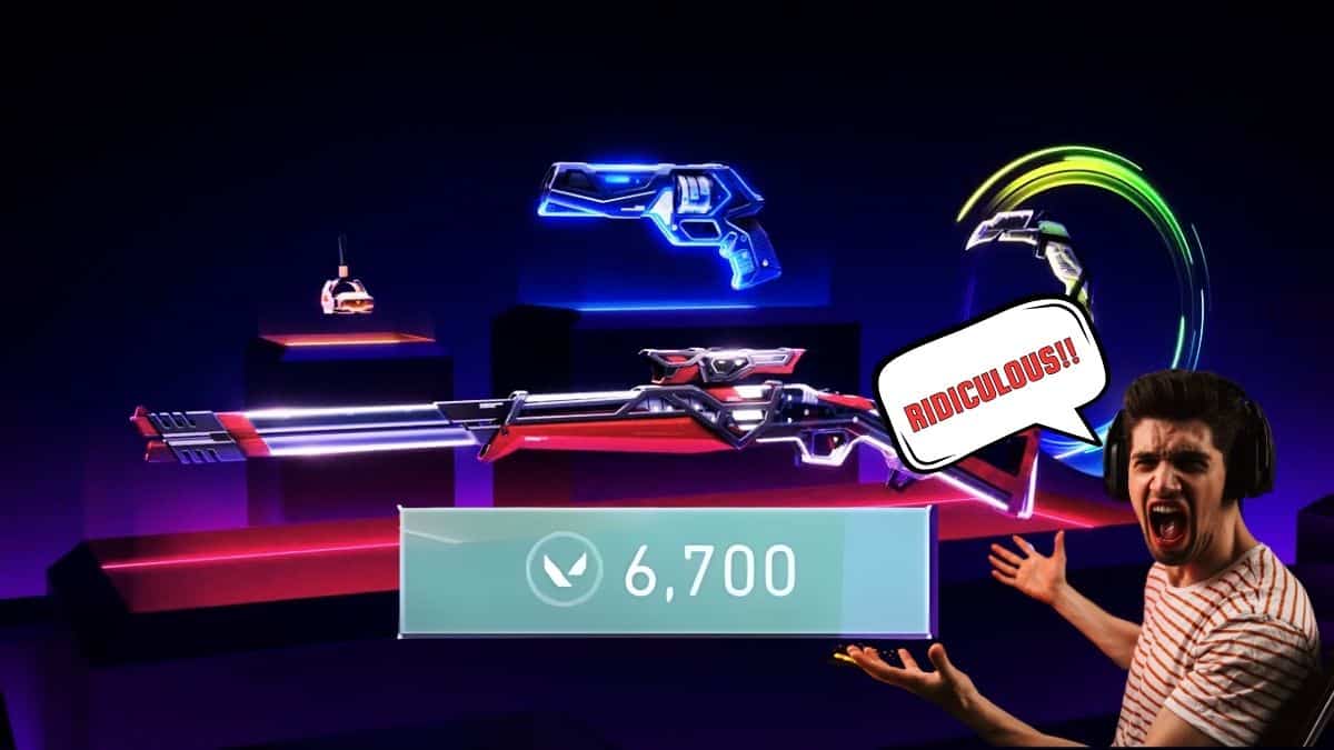 image of the rgx 3.0 valorant bundle and its price of 6700 valorant points, with a stock person, and a though buble with words "ridiculous"
