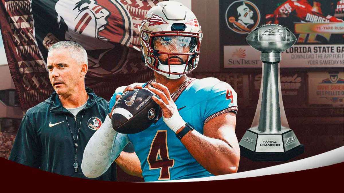 Florida State football, Seminoles, Mike Norvell, 2024 Florida State football, Florida State football predictions, Mike Norvell, DJ Uiagalelei (in FSU uni) and ACC football trophy with Florida State football stadium in the background