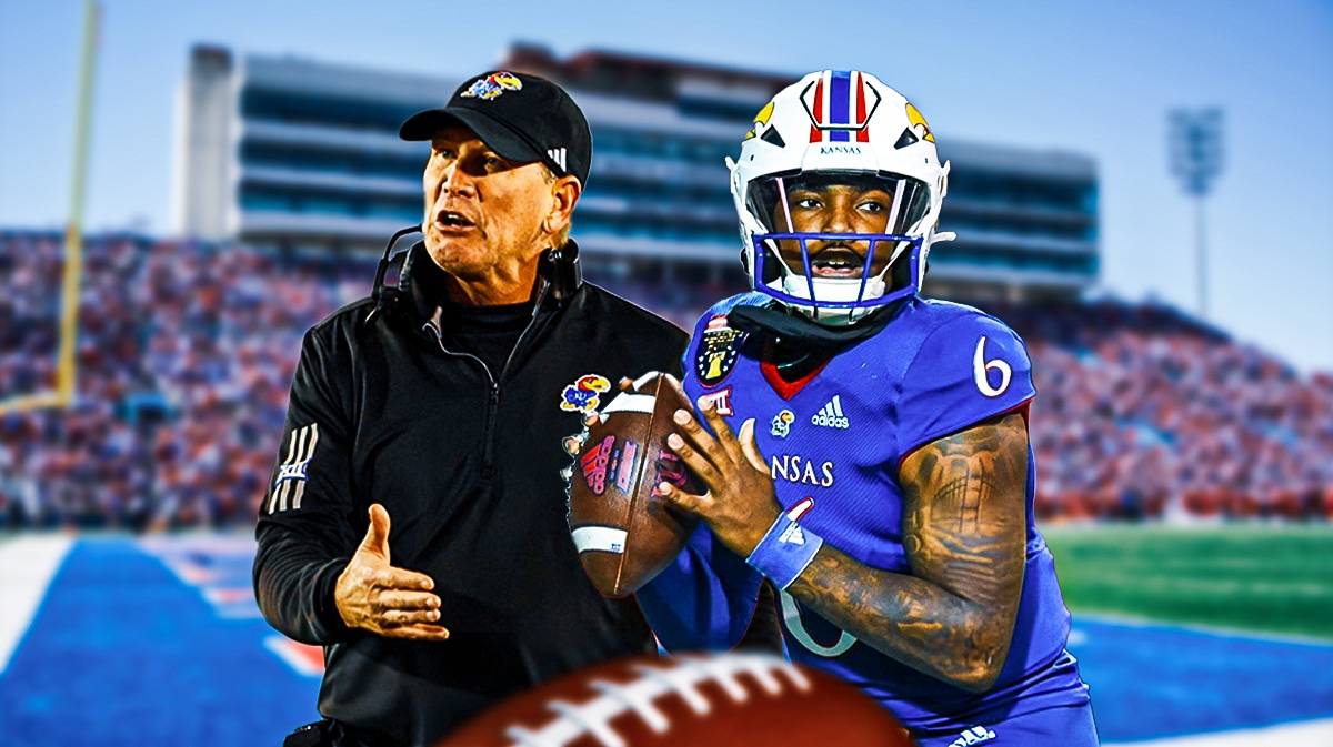 Kansas football, Jayhawks, Jalon Daniels, 2024 Kansas football, Jalon Daniels Kansas, Lance Leipold and Jalon Daniels with Kansas football stadium in the background