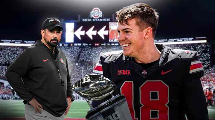 Ohio State football, Buckeyes, Ryan Day, 2024 Ohio State, Ohio State football predictions, Ryan Day, Will Howard (in Ohio State uni) and Big Ten football trophy with Ohio State football stadium in the background