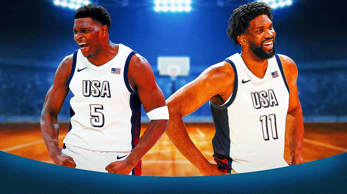 Joel Embiid and Anthony Edwards celebrating in Team USA jerseys.