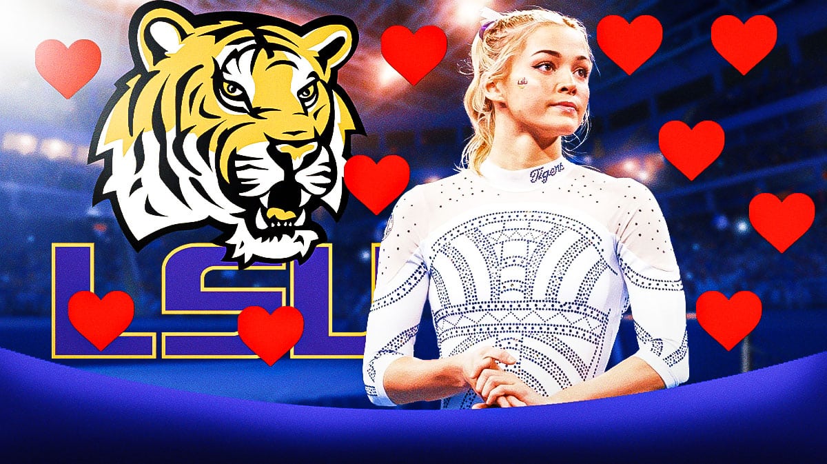 LSU women's basketball player Olivia Dunne in a gymnastics gym, with the LSU logo and hearts
