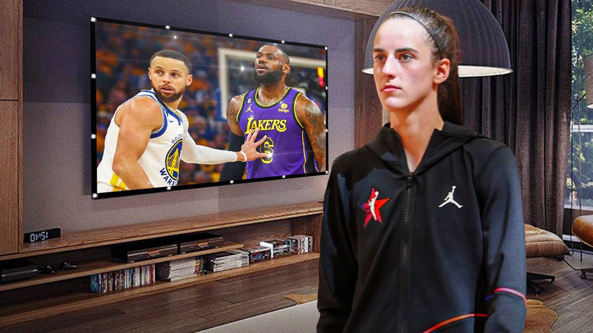 Caitlin Clark watching a TV with Lakers' LeBron James and Warriors' Steph Curry in their respective uniforms