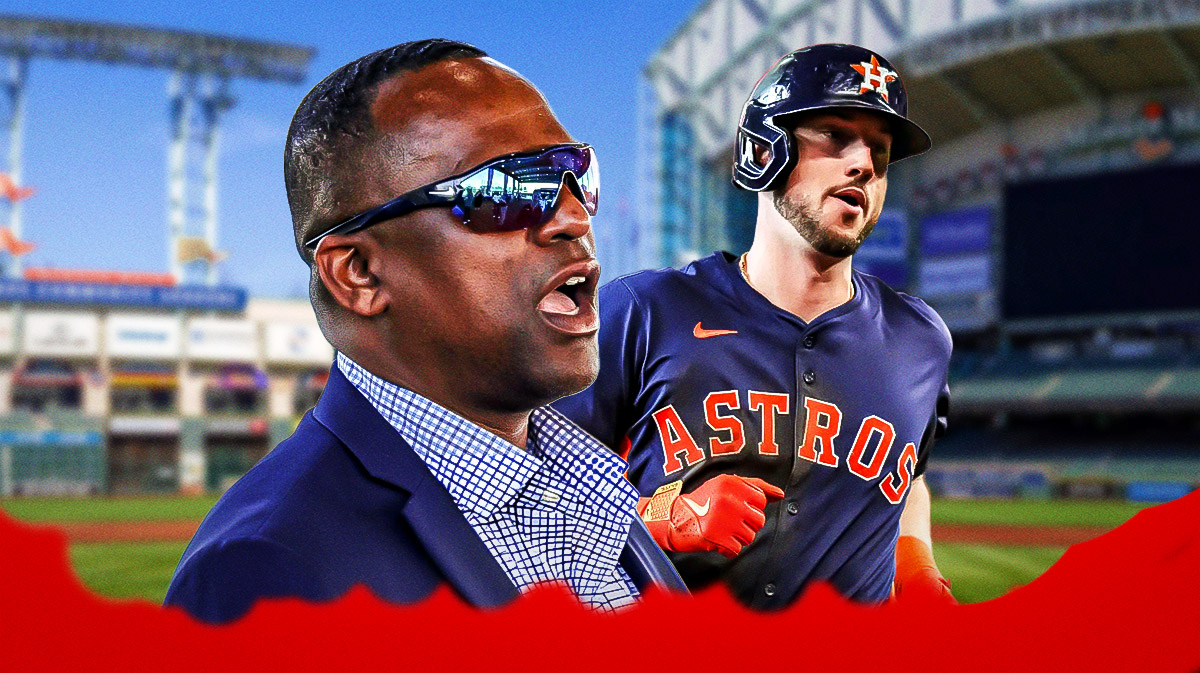Houston Astros general manager Dana Brown and Kyle Tucker in front of Minute Maid Park.