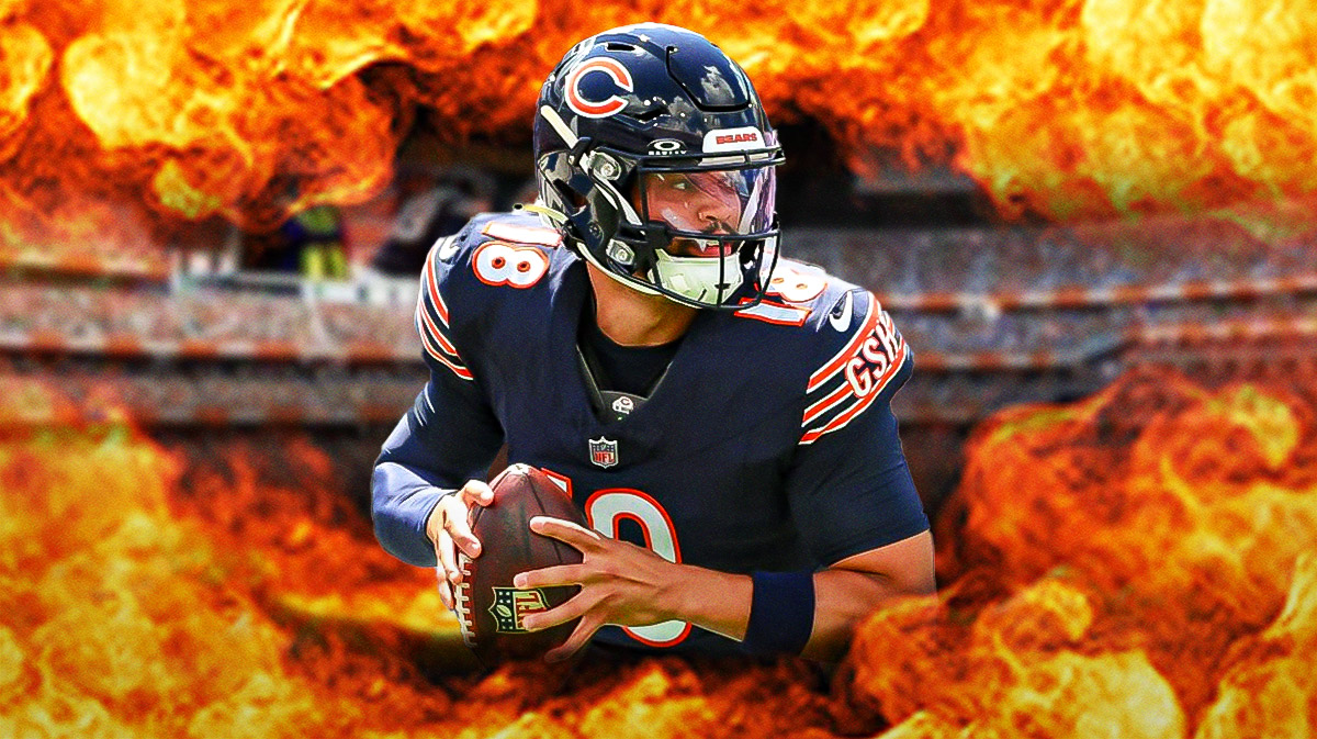 Caleb Williams in a Bears jersey with a flame around him.