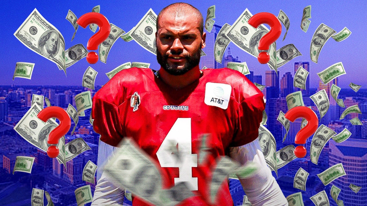 Dak Prescott surrounded by question marks with money raining down around him featuring a Cowboys-colored background.