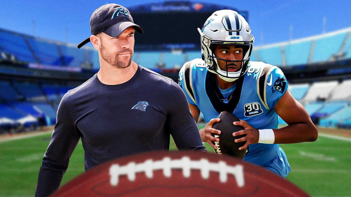 A picture of Dave Canales in Panthers coaching gear and Bryce Young in a Panthers jersey.