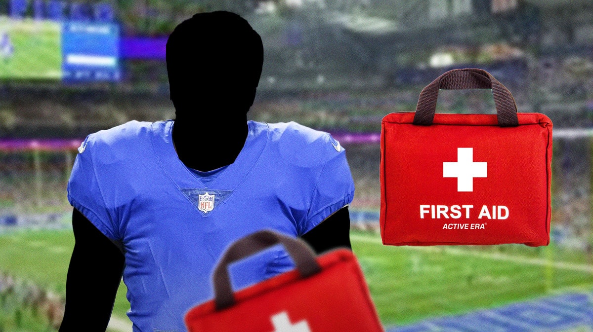 A silhouetted Detroit Lions player with a first aid kit next to them featuring a Lions-themed background.