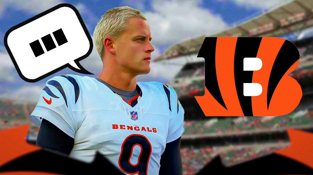 Cincinnati Bengals QB Joe Burrow with a speech bubble that has the three dots emoji inside. There is also a logo for the Cincinnati Bengals.