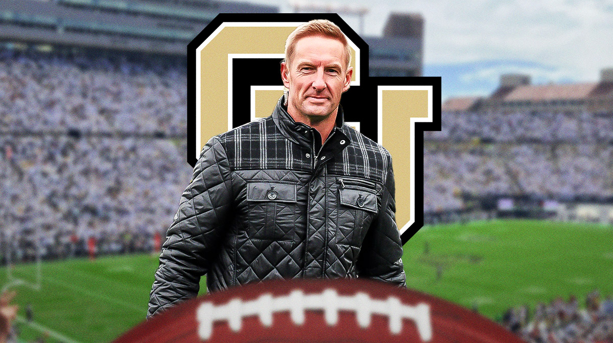 Joel Klatt and Deion Sanders in front of a Colorado football Buffaloes logo