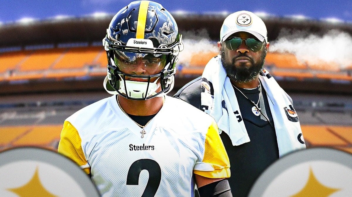 Mike Tomlin looking mad with smoke coming out of his ears looking at Justin Fields in a Steelers jersey