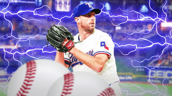 Rangers pitcher Max Scherzer with waves of electricity surrounding him