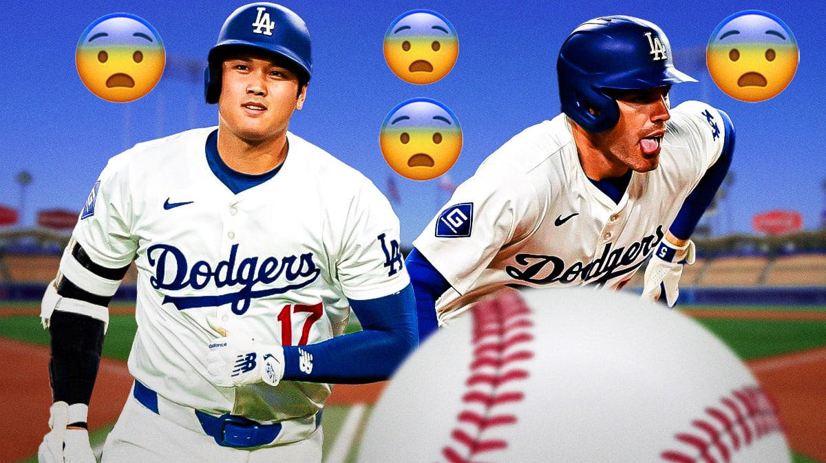 Shohei Ohtani and Freddie Freeman surrounded by panic face emojis