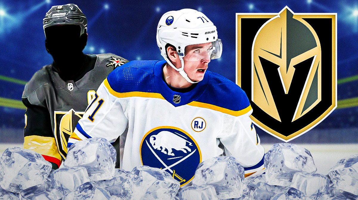 Victor Olofsson in middle, one silhouetted Vegas Golden Knights player on each side, Vegas Golden Knights logo, hockey rink in background