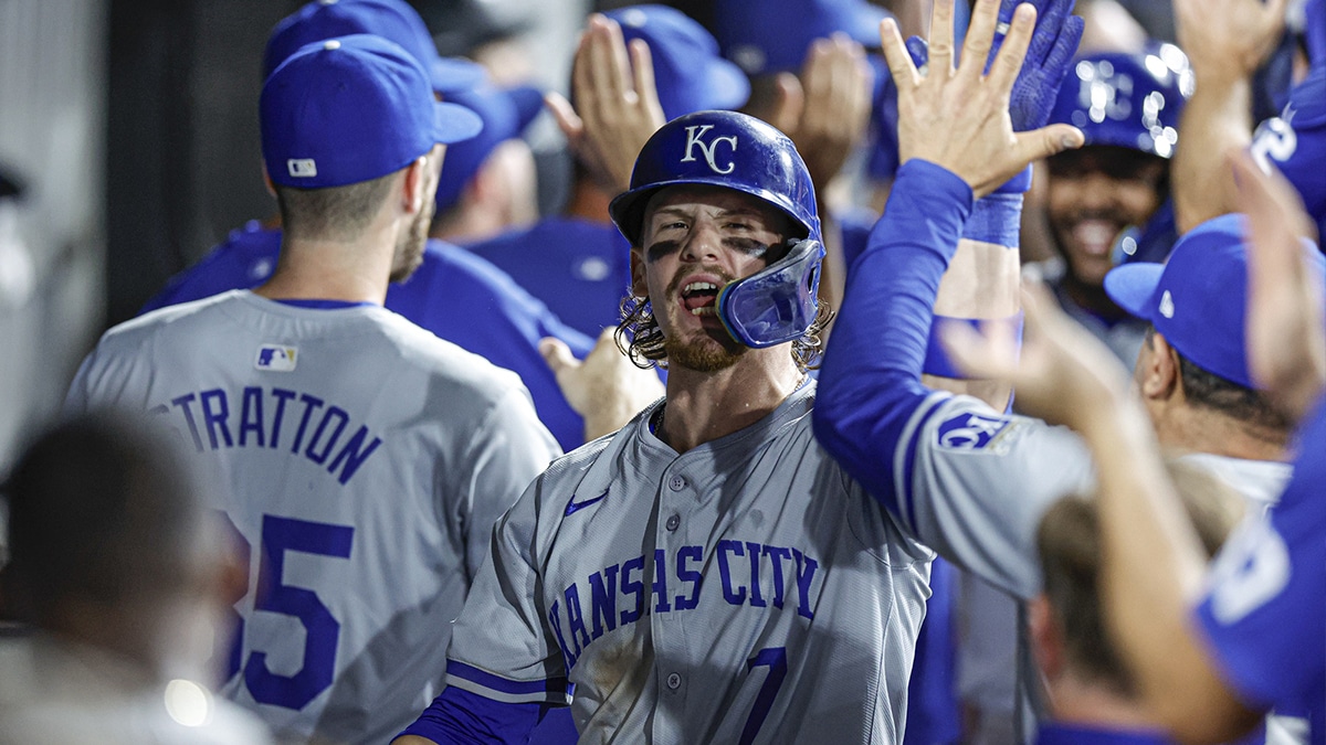 Kansas City Royals shortstop Bobby Witt Jr. (7) celebrates with teammates after hitting a grand slam against the Chicago White Sox during the eight inning at Guaranteed Rate Field.