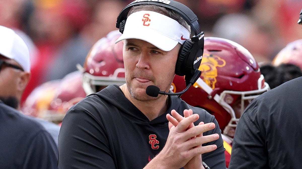 USC Trojans head coach Lincoln Riley during the first quarter at United Airlines Field at Los Angeles Memorial Coliseum.