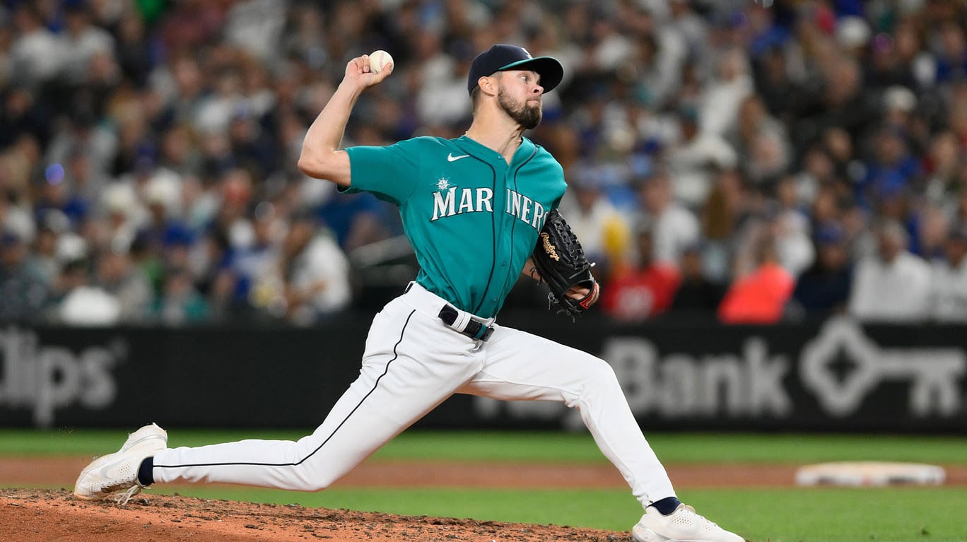 Seattle Mariners relief pitcher Matt Brash (47) pitches to the Los Angeles Dodgers during the seventh inning at T-Mobile Park.