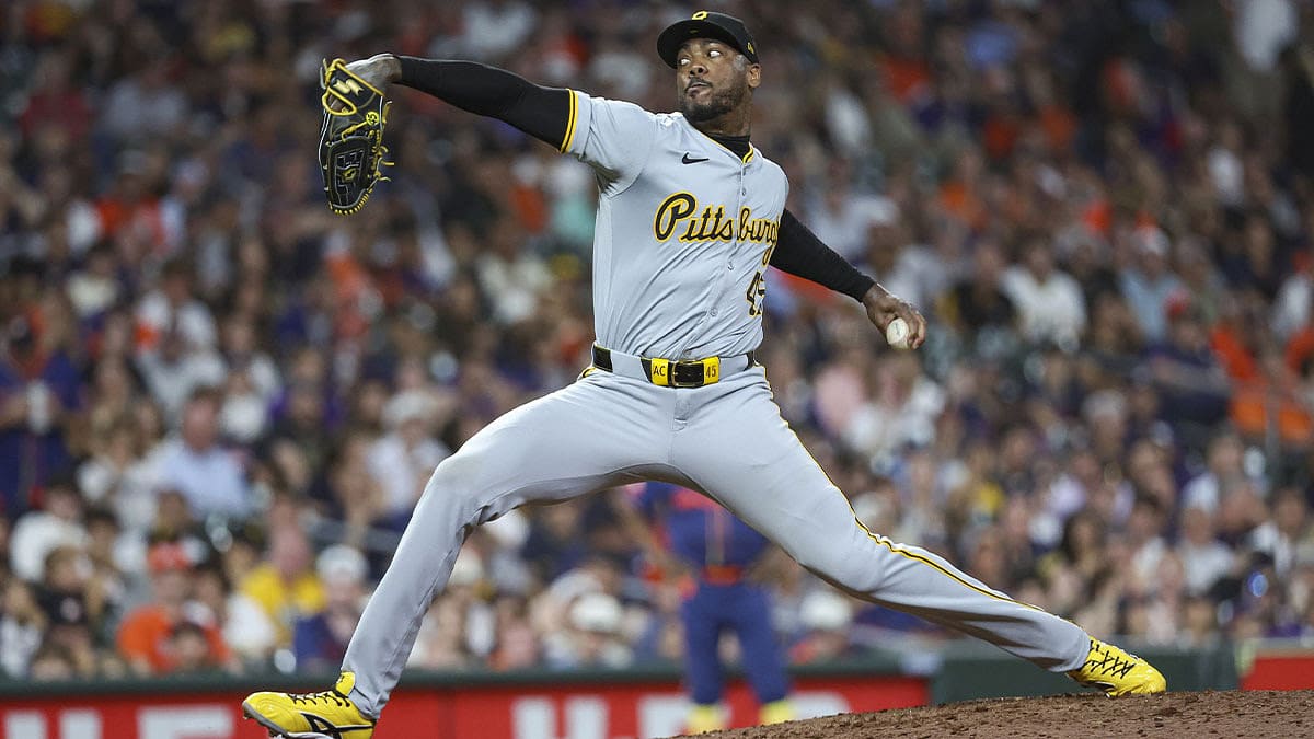 Pittsburgh Pirates relief pitcher Aroldis Chapman (45) delivers a pitch during the eighth inning against the Houston Astros at Minute Maid Park.