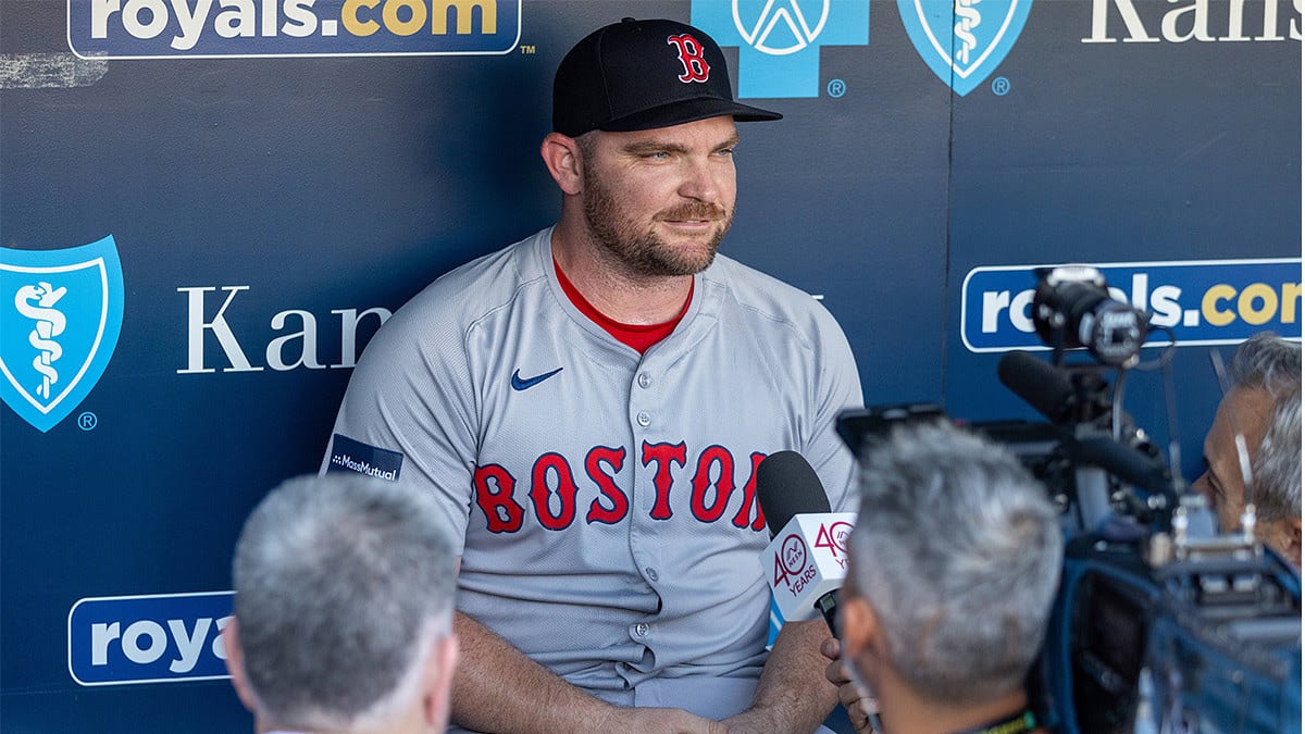 Boston Red Sox pitcher Liam Hendriks (31) is interviewed prior to the game against the Kansas City Royals at Kauffman Stadium.