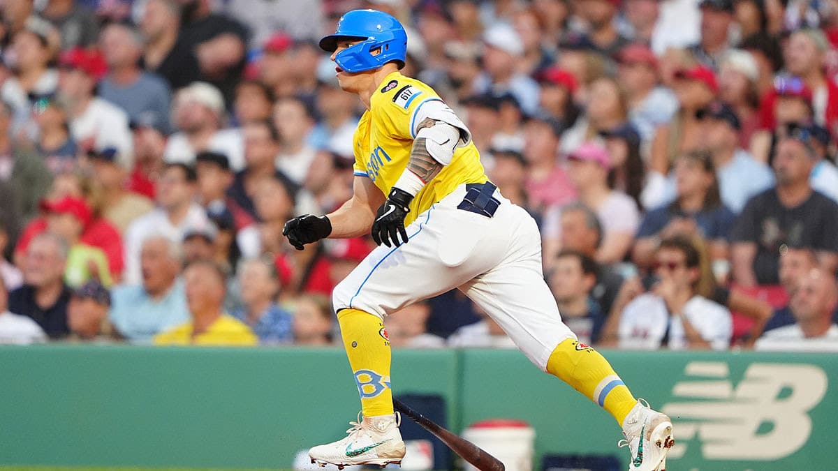 Boston Red Sox left fielder Tyler O'Neill (17) runs out a RBI double against the New York Yankees during the first inning at Fenway Park.