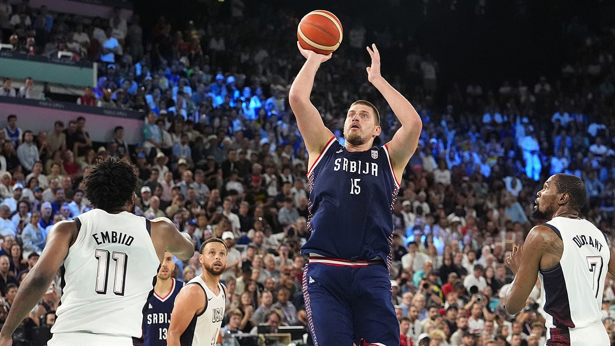 Serbia power forward Nikola Jokic (15) shoots the ball during the second half against the United States in a men's basketball semifinal game during the Paris 2024 Olympic Summer Games at Accor Arena.