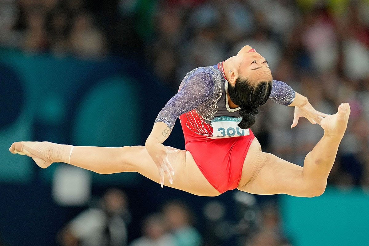 Sunisa Lee of the United States competes on the floor exercise in the womenís gymnastics all-around during the Paris 2024 Olympic Summer Games at Bercy Arena.