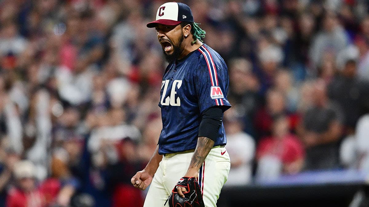 Cleveland Guardians relief pitcher Emmanuel Clase (48) reacts after striking out Washington Nationals left fielder Eddie Rosario (not pictured) to end the game at Progressive Field.