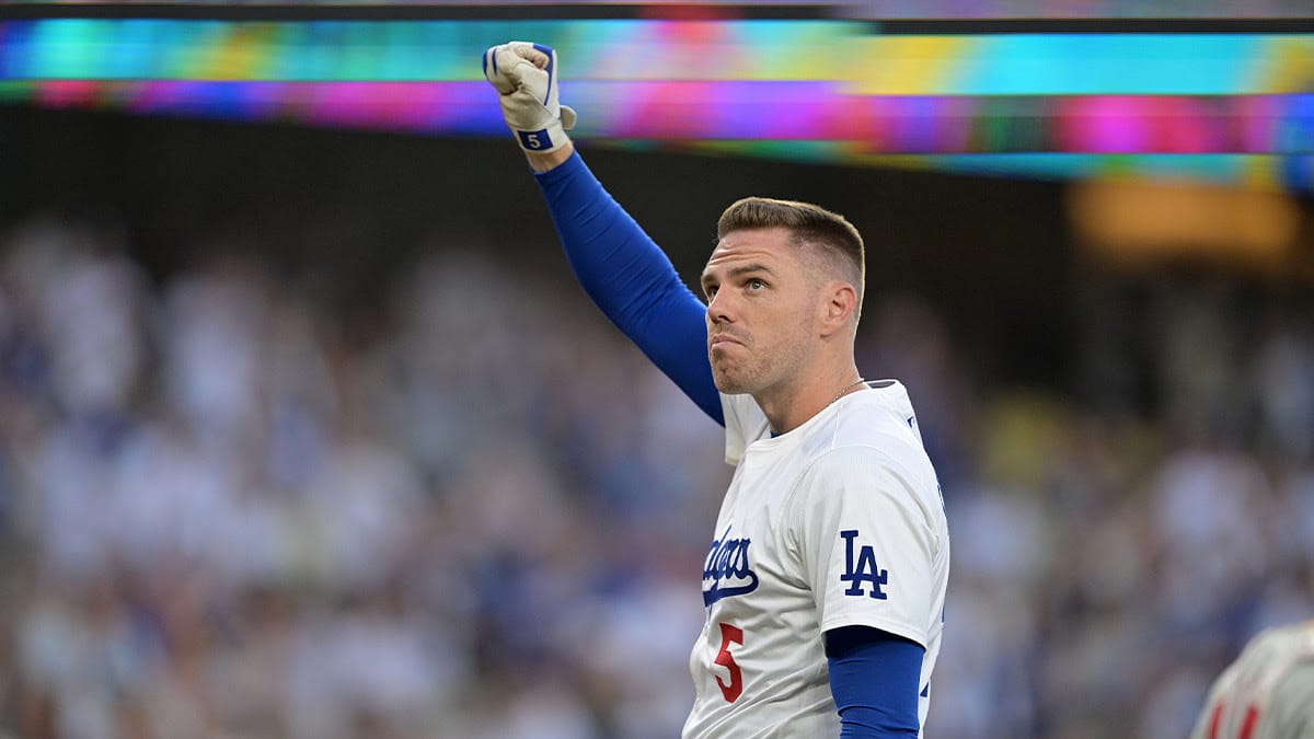 Los Angeles Dodgers first baseman Freddie Freeman (5) acknowledges the crowd as he got a standing ovation as he approached the plate for his first at bat against the Philadelphia Phillies at Dodger Stadium.